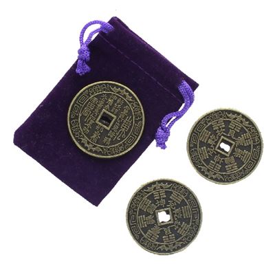 Lucky Feng Shui Chinese Coins Set of 3 in Purple Pouch